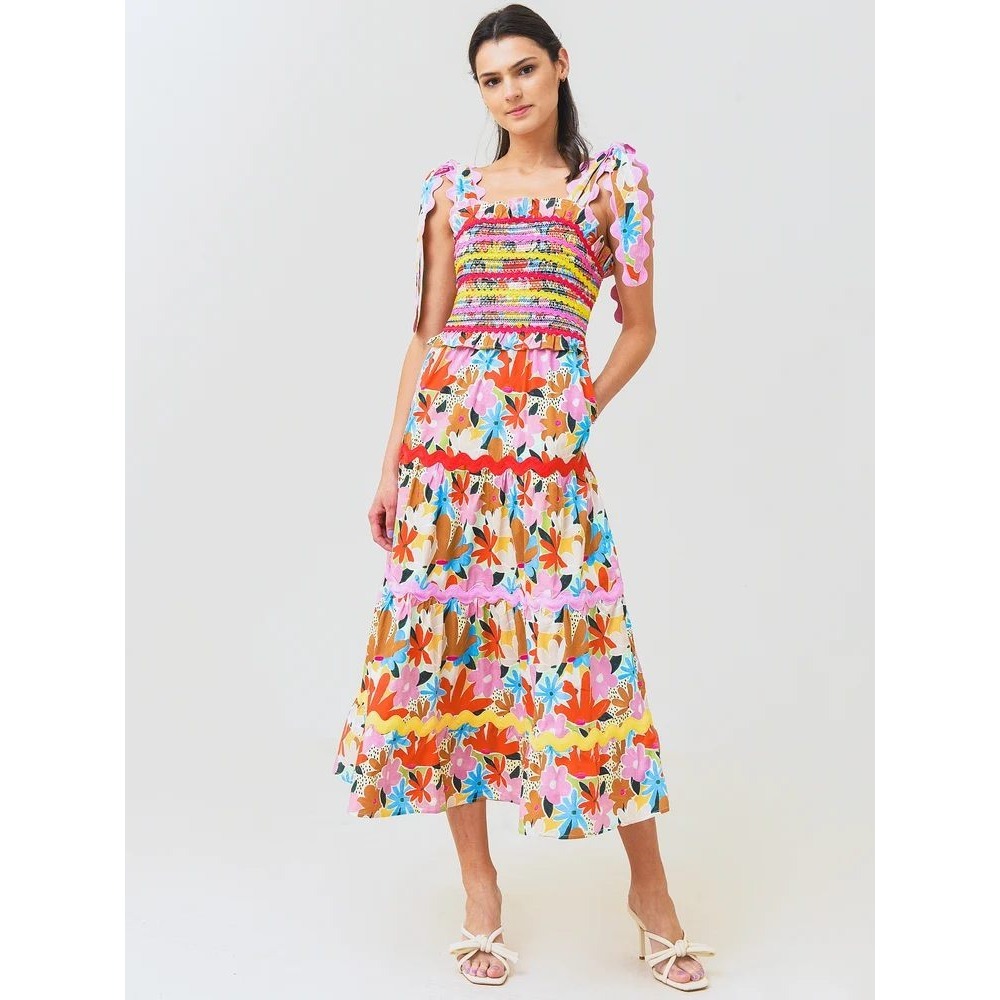CeliaB Nilsa Dress Womens Small Multi Color Floral Smocked Tiered Midi Rickrack